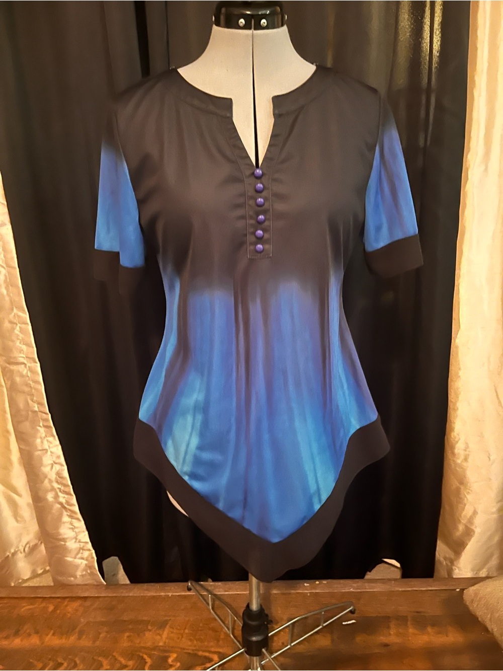 Blue Ombre Short Sleeve Women's Top with Button Placket
